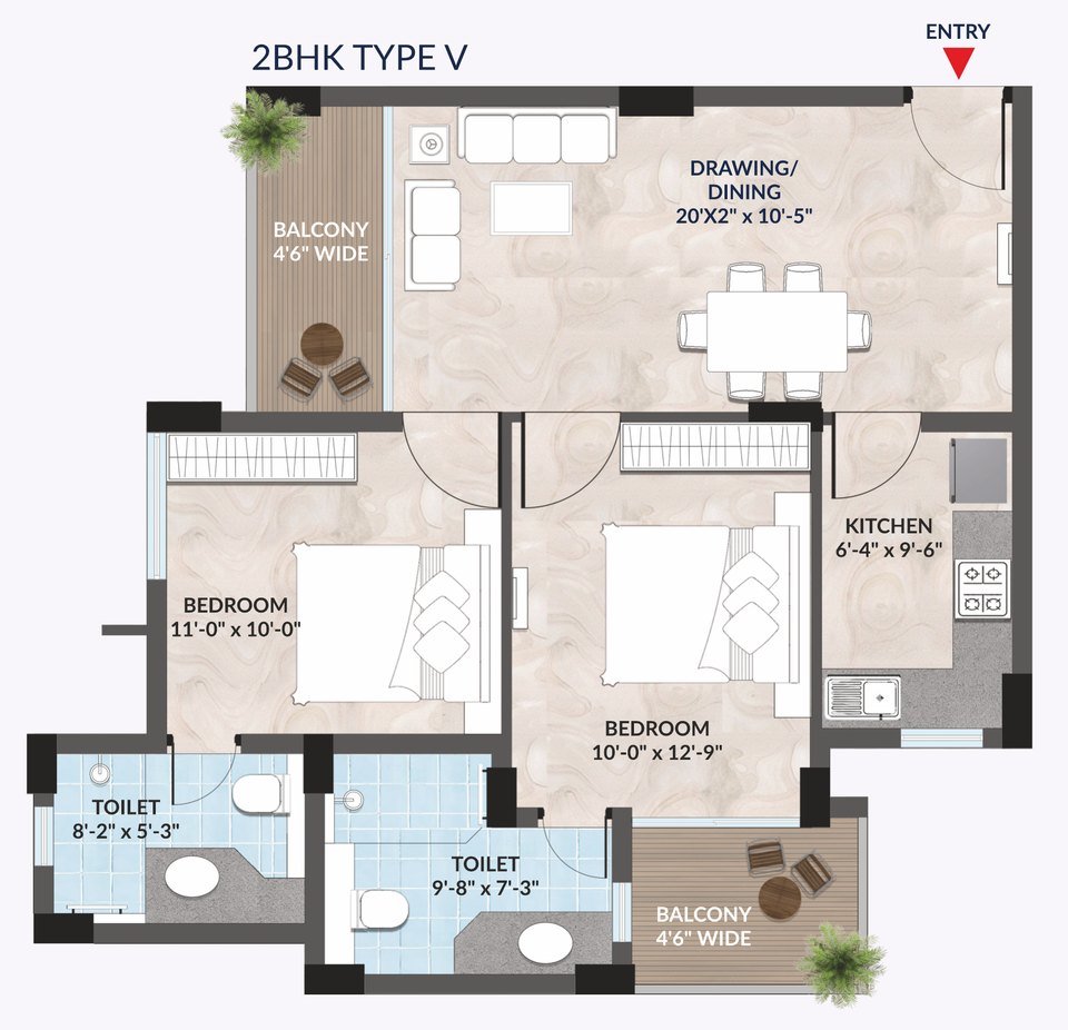 2 BHK Type V floor plan: drawing/dining, two bedrooms, kitchen, two toilets and two balconies