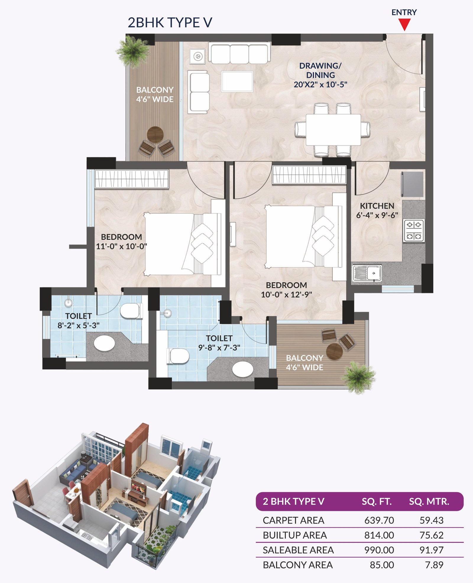 2 BHK Type V floor plan with entry, drawing/dining, two bedrooms, kitchen, two toilets, two balconies, 3D view and area table