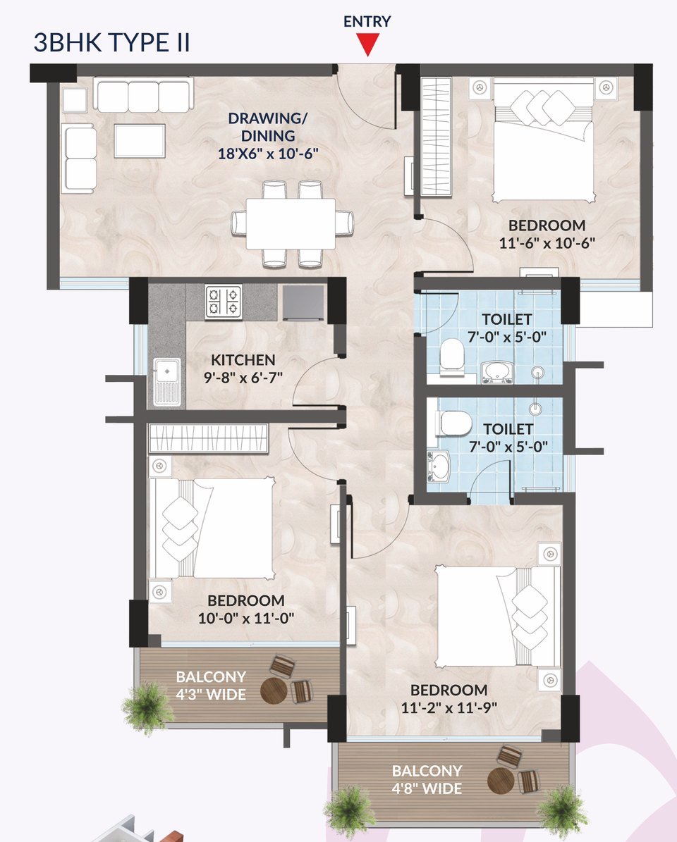 3 BHK Type II floor plan: drawing/dining, three bedrooms, kitchen, two toilets and two balconies