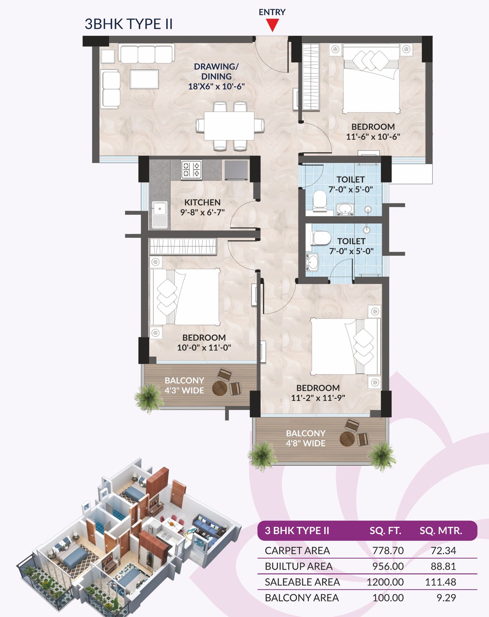 3 BHK Type II floor plan with entry, drawing/dining, three bedrooms, kitchen, two toilets, two balconies, 3D view and area table