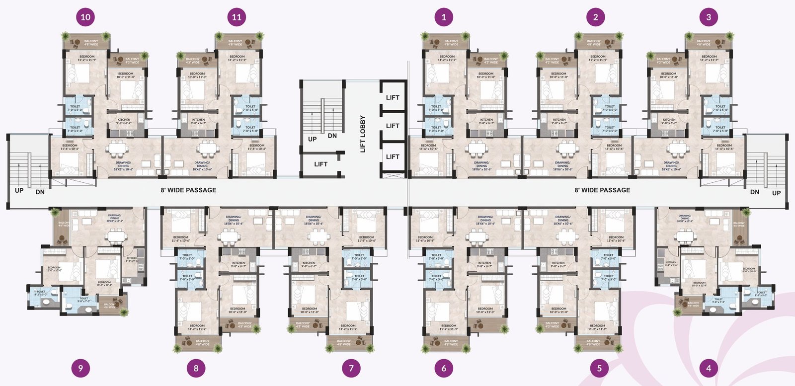Typical floor plan of the tower from the brochure, showing apartments on both sides of an 8 feet wide passage, a lift lobby and staircases