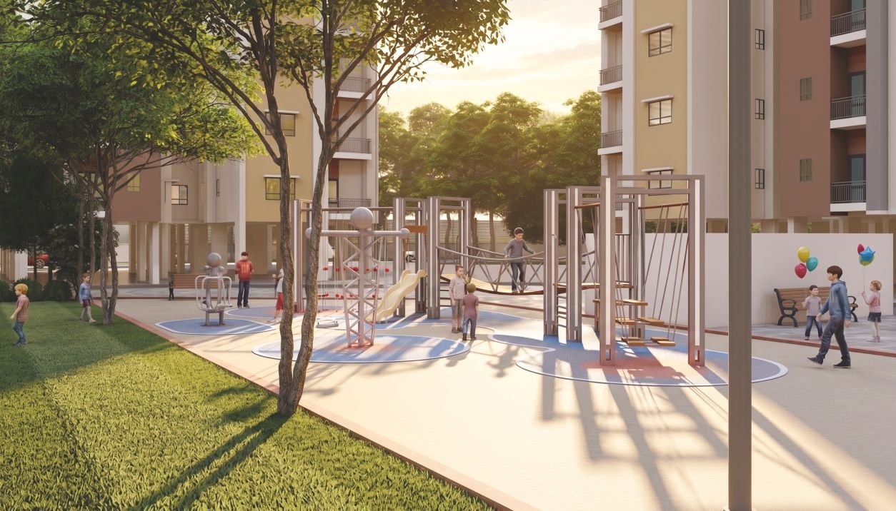 Artistic impression of a landscaped play area between residential towers