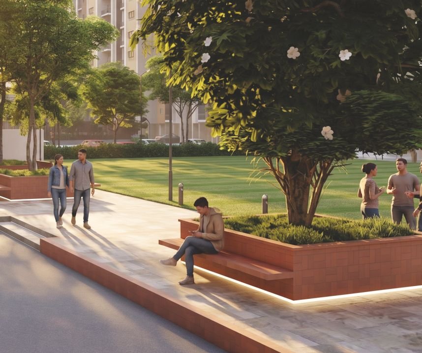 Artistic impression of tree-lined seating along a landscaped walkway