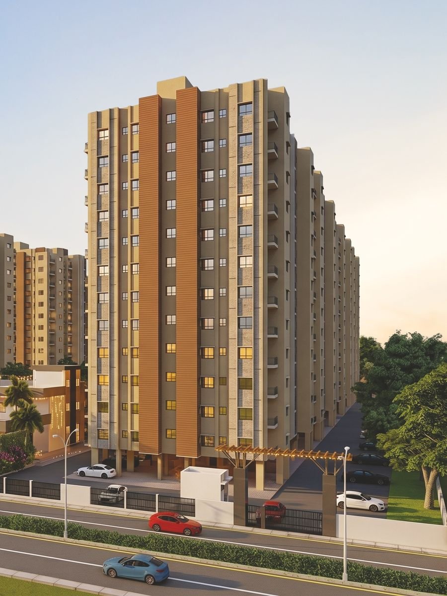 Artistic impression of a Lotus Court residential tower facing the main road at BBD Green City